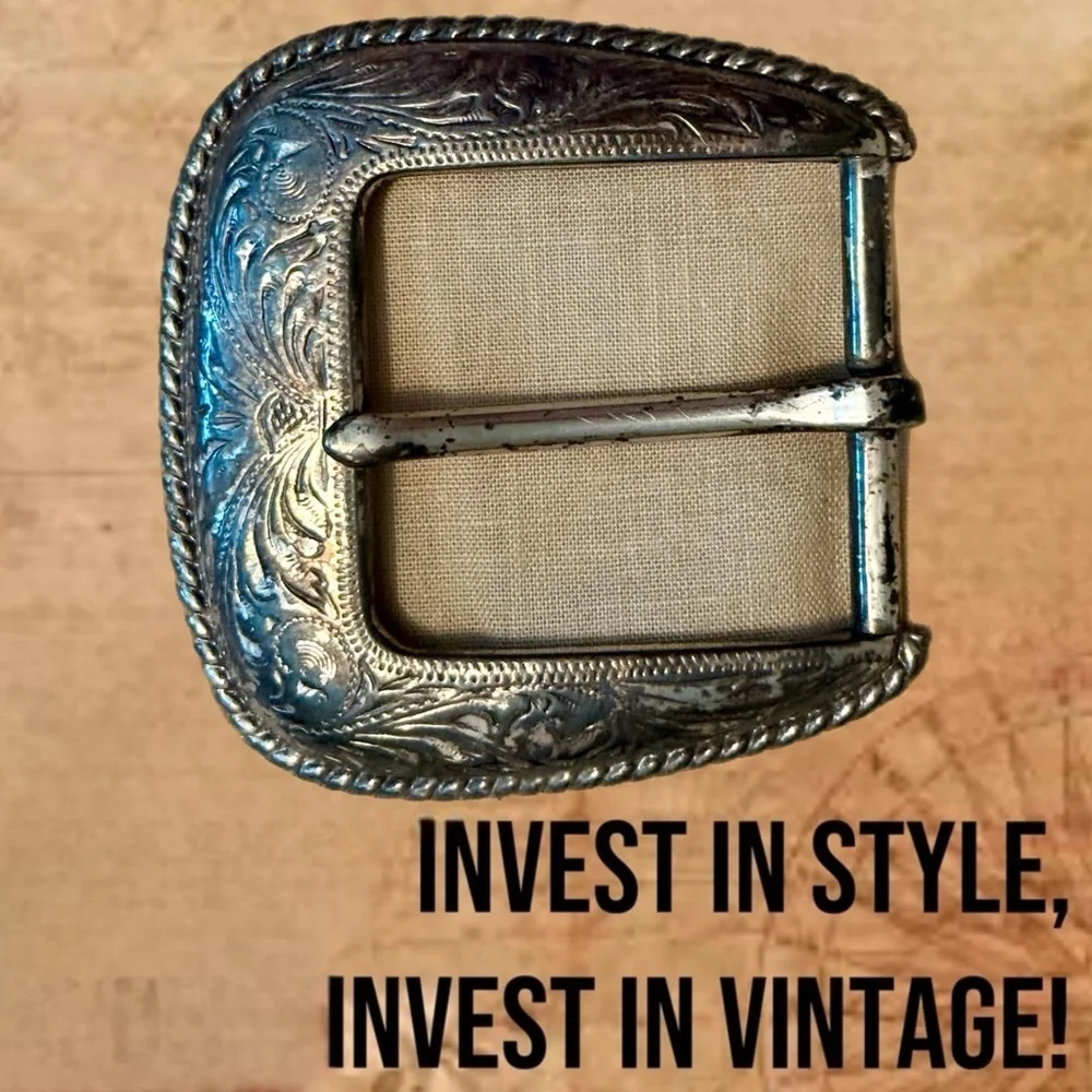 Silver Etched Rope Edge Engraved Belt Buckle VINTAGE Unisex